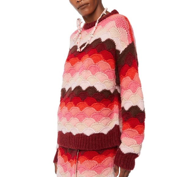 THML Textured Chunky Knit Striped Puffy Crewneck Sweater Red Pink - Picture 3 of 14